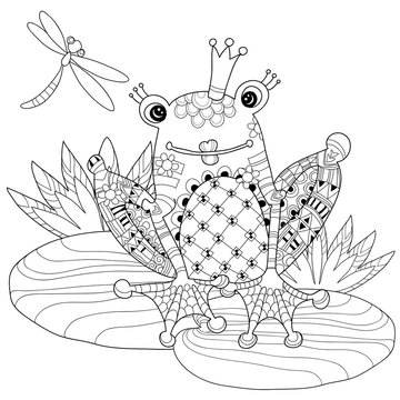 Cute Frog Prince in crown with lotus.Vector illustration zentangle  isolated ready for coloring book.