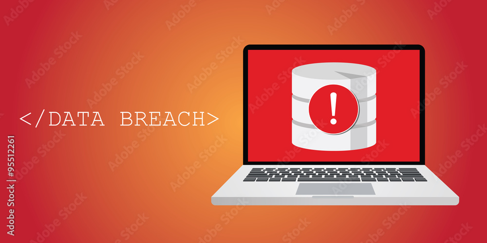 Poster data breach security warning with notebok, and database warning