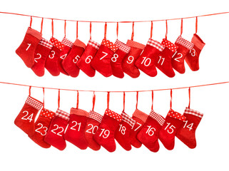Advent calendar 1-24. Red christmas stocking gift bags decoratio