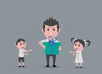 doll father giving gift to children