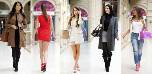 Fototapeta na wymiar Collage five fashion young women