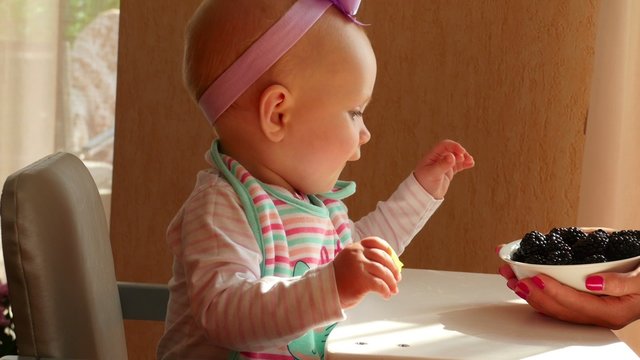 Baby girl eating blackberry