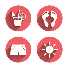 Beach holidays icons. Cocktail, human footprints