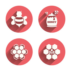 Honey icon. Honeycomb cells with bees symbol.