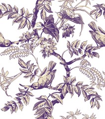 Birds and Flowers Seamless Pattern - 95514477