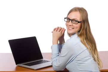 Office employee at work table with laptop isolated on white