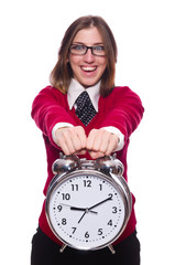 Office worker holding alarm clock isolated on white