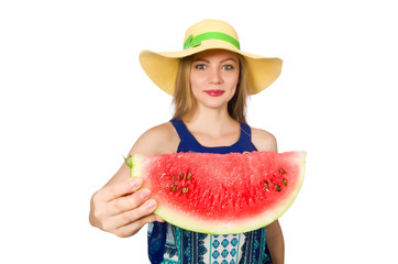 Woman with watermelon isolated on white