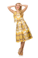 Naklejka premium Young woman wearing long summer dress isolated on white