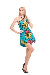 Woman in vivid strapless dress isolated on white