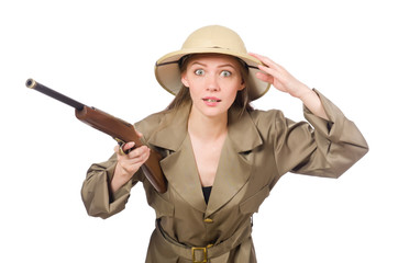 Fototapeta premium Woman wearing safari hat on white