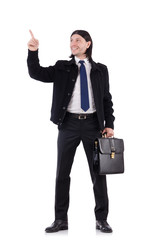 Young businessman holding briefcase isolated on white