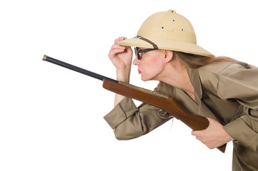 Woman wearing safari hat on white