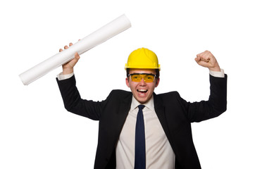 Funny architect with drawings on white