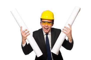 Funny architect with drawings on white