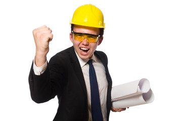 Funny architect with drawings on white