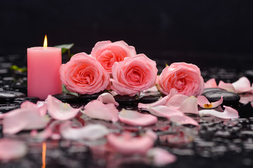 pink rose with candle and therapy stones 