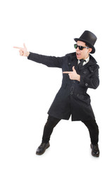 Young detective in black coat isolated on white