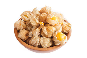 Cape gooseberry (Physalis) in wooden bowl isolated on white back