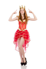 Princess wearing crown and red dress isolated on white