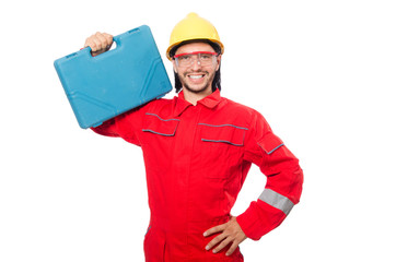 Man wearing red coveralls isolated on white