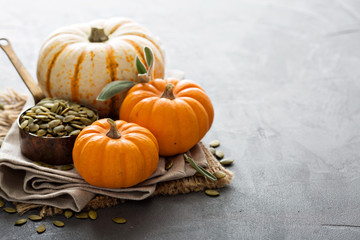 Pumpkins with seeds and sage leaves
