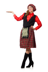 Funny woman in scottish clothing on white