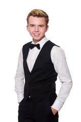 Young man in black classic vest isolated on white