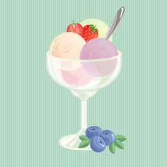 Balls of ice cream with strawberry and strawberry slice in glass cup.