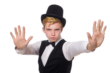 Young man in black classic vest and hat isolated on white