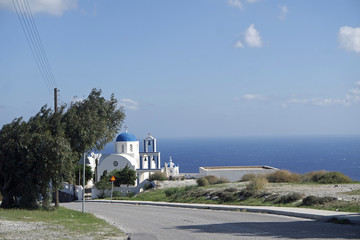 chapel in small greece village pyrgos on santorini