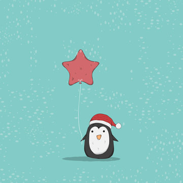 Penguin cute christmas character. Vector illustration, drawing b