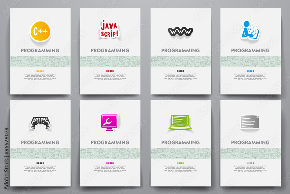 Poster corporate identity vector templates set with doodles programming theme