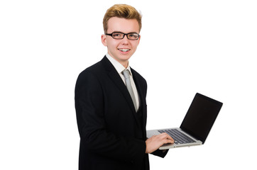 Young businessman with laptop isolated on white