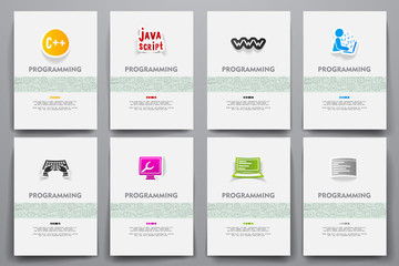 Corporate identity vector templates set with doodles programming theme
