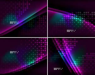Set of abstract backgrounds with copyspace. Glowing color neon light in dark space