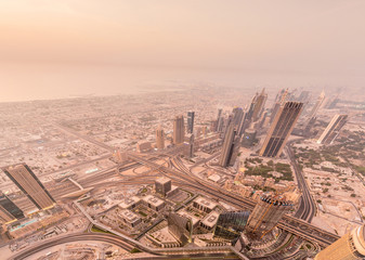 Fototapeta na wymiar Panorama of night Dubai during sandstorm