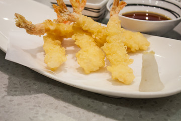 Japanese cuisine, tempura deep fried shrimps with sauce