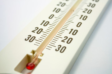 Closeup photo of household alcohol thermometer showing temperatu