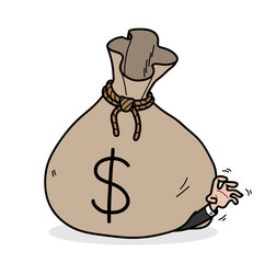 Greed, a hand drawn vector illustration of a big money bag on top of a greedy businessman.