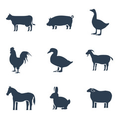Farm animals silhouettes vector icon set