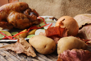 Roasted turkey and vegetables for thanksgiving day