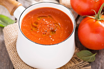 Freshly made tomato soup in a saucepan