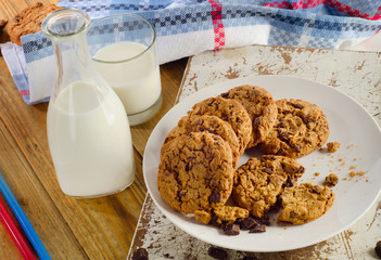 Chocolate chip cookies with bootle of milk.