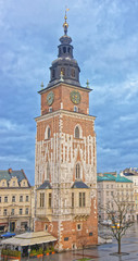 Fototapeta na wymiar Town Hall Tower in the Main Market Square of the Old City in Kra