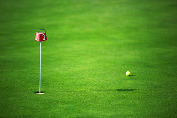Obraz premium Green golf land and ball near the hole
