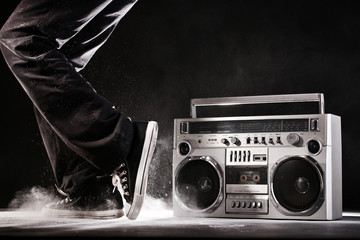 Retro ghetto boom box, dust and dancer isolated on black with cl