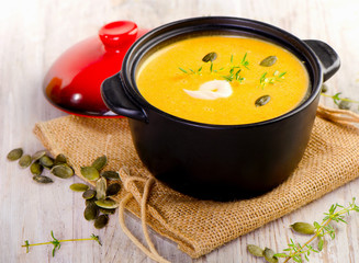 Pumpkin soup with herbs. Healthy food.