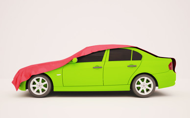 3d illustration of a green car under the silk red tent