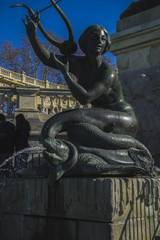 Mermaid sculpture, Lake in Retiro park, Madrid Spain